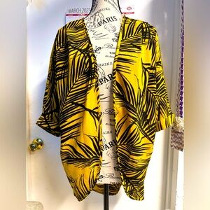 Yellow and Black Leaf Print Kimono Cover up